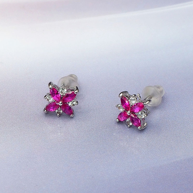 S925 Silver Four Leaves Flower Earrings Ruby CZ AAA grade Stone