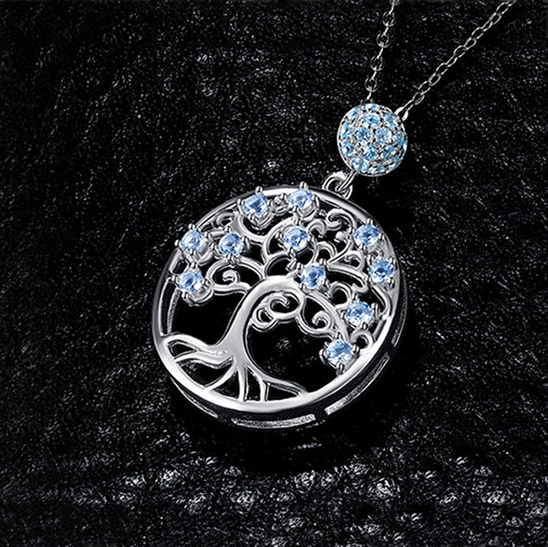 Life Tree Necklace 925 Silver with Blue CZ Jewelry