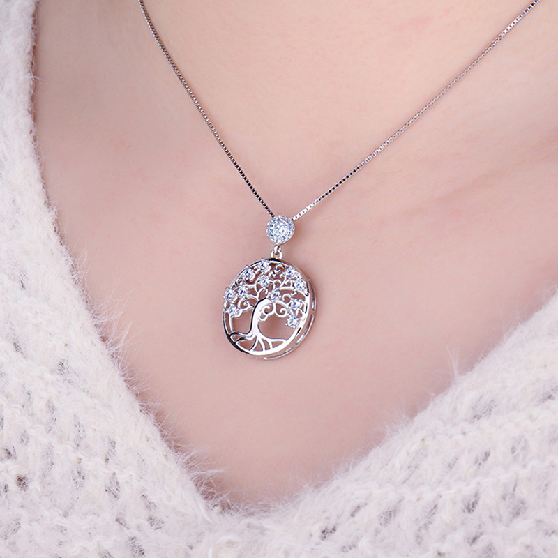 Life Tree Necklace 925 Silver with Blue CZ Jewelry