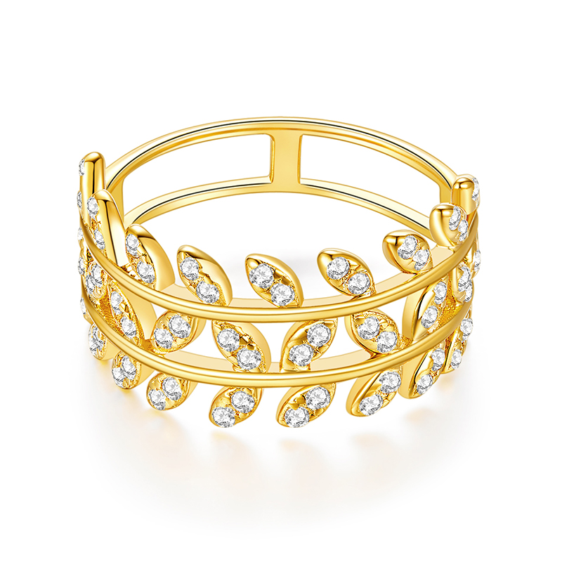 18K Yellow Gold Tree Leaves Ring Band GRC Diamond Jewelry