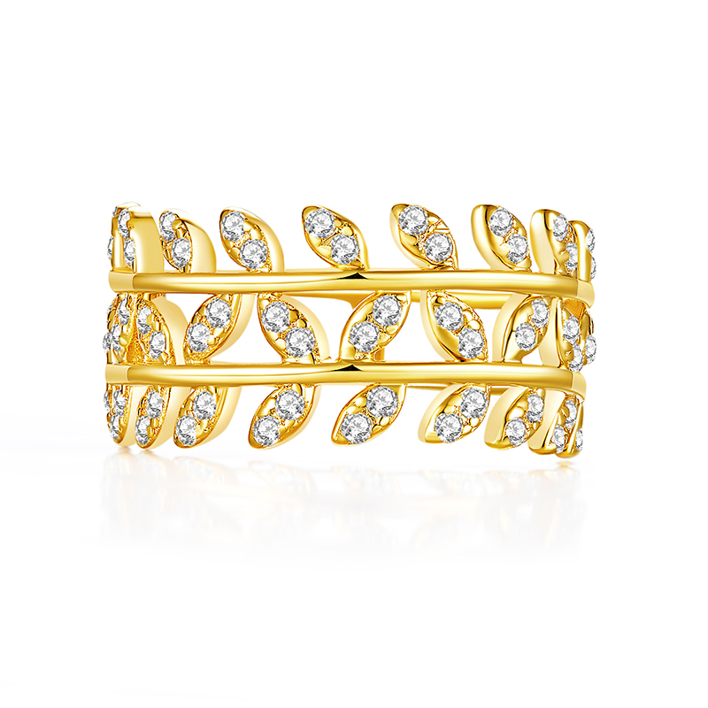 18K Yellow Gold Tree Leaves Ring Band GRC Diamond Jewelry