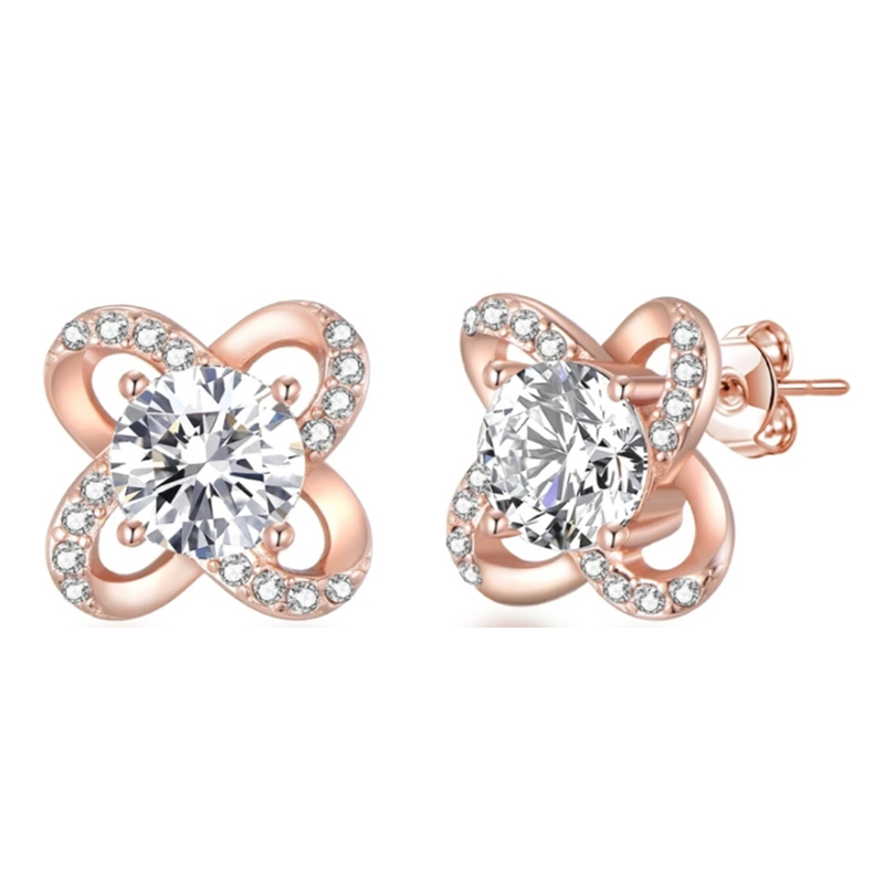Fashion Rose Gold Plated 925 Silver Flower Earring Studs Jewelry