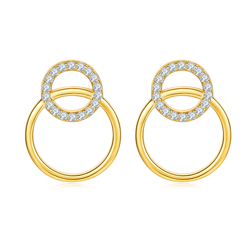 18K Yellow Gold Double Circle Earring Studs with CVD Lab Diamond