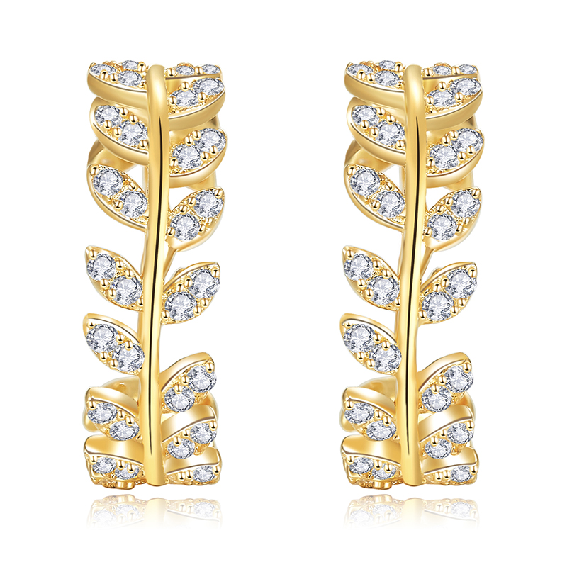 Fashion Tree Leaves Earring Studs 18K Yellow Gold with Natural Diamond