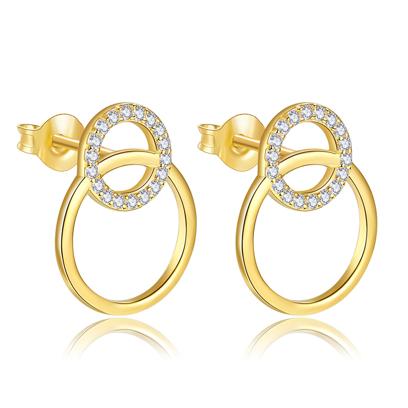 18K Yellow Gold Double Circle Earring Studs with CVD Lab Diamond