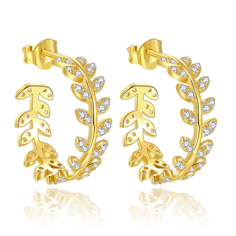 Fashion Tree Leaves Earring Studs 18K Yellow Gold with Natural Diamond